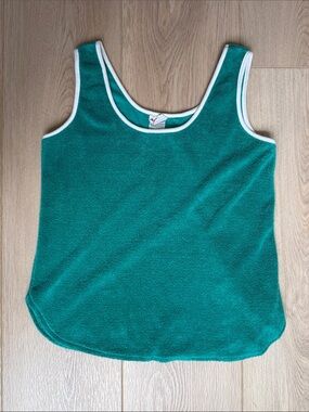Vintage Terry Cloth Tank Top Green White Trim Aileen Ringer Sleeveless Scoop L